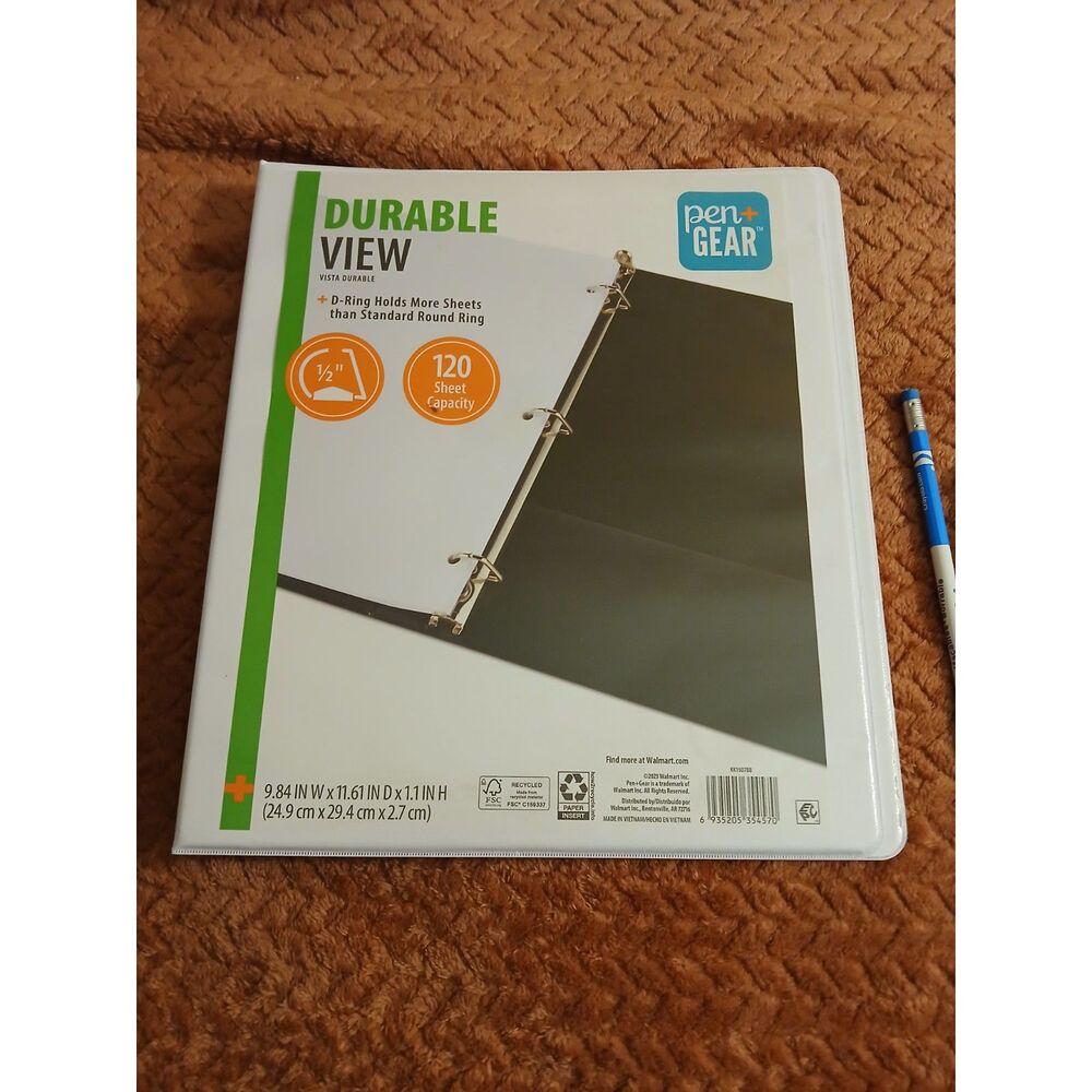 Pen+Gear Durable View 1/2" D-Ring Binder White 120 Sheet Capacity New